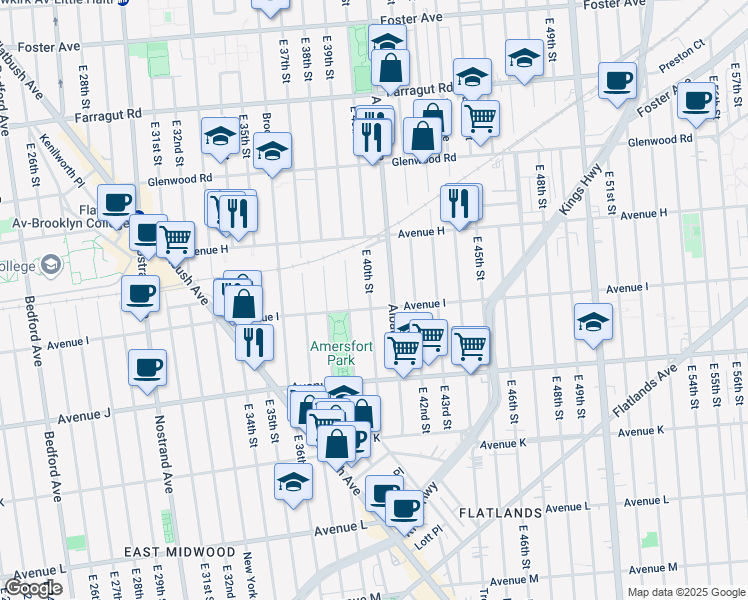 map of restaurants, bars, coffee shops, grocery stores, and more near 1016 East 40th Street in Brooklyn