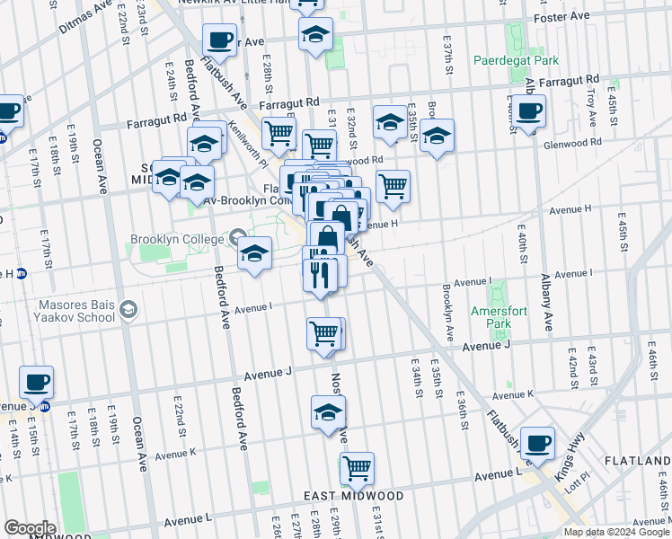 map of restaurants, bars, coffee shops, grocery stores, and more near 2233 Nostrand Avenue in Brooklyn