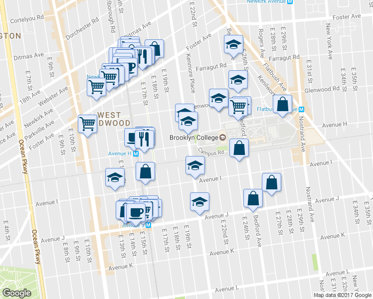 map of restaurants, bars, coffee shops, grocery stores, and more near 1924 H Avenue in Brooklyn
