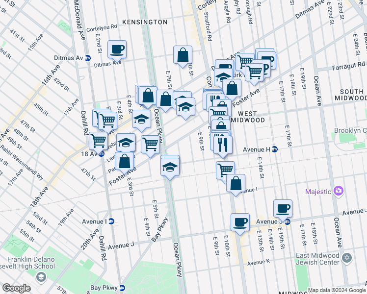map of restaurants, bars, coffee shops, grocery stores, and more near 772 East 8th Street in Brooklyn