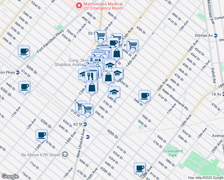 map of restaurants, bars, coffee shops, grocery stores, and more near 1373 55th Street in Brooklyn