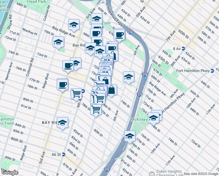 map of restaurants, bars, coffee shops, grocery stores, and more near 7402 5th Avenue in Brooklyn