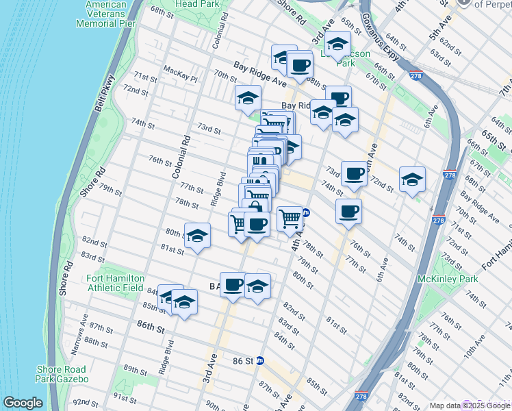map of restaurants, bars, coffee shops, grocery stores, and more near 7605 3rd Avenue in Brooklyn