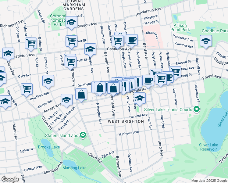 map of restaurants, bars, coffee shops, grocery stores, and more near 460 Oakland Avenue in Staten Island