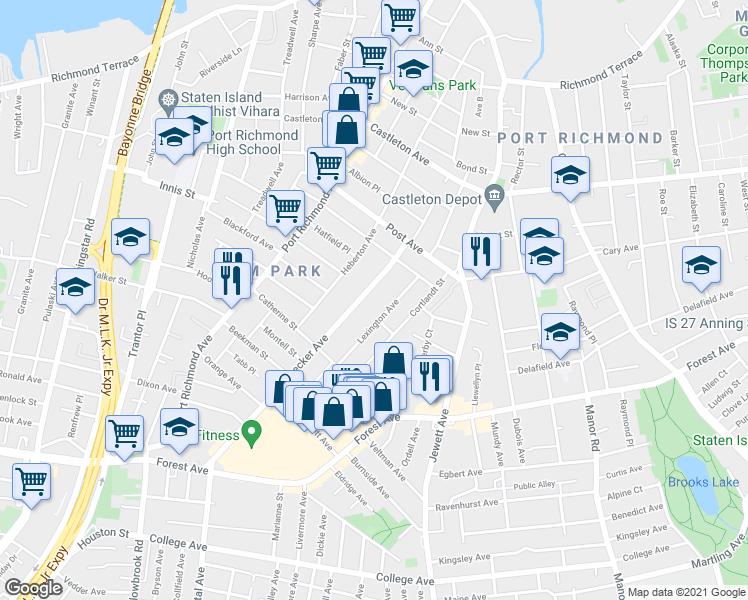 map of restaurants, bars, coffee shops, grocery stores, and more near 75 Decker Avenue in Staten Island
