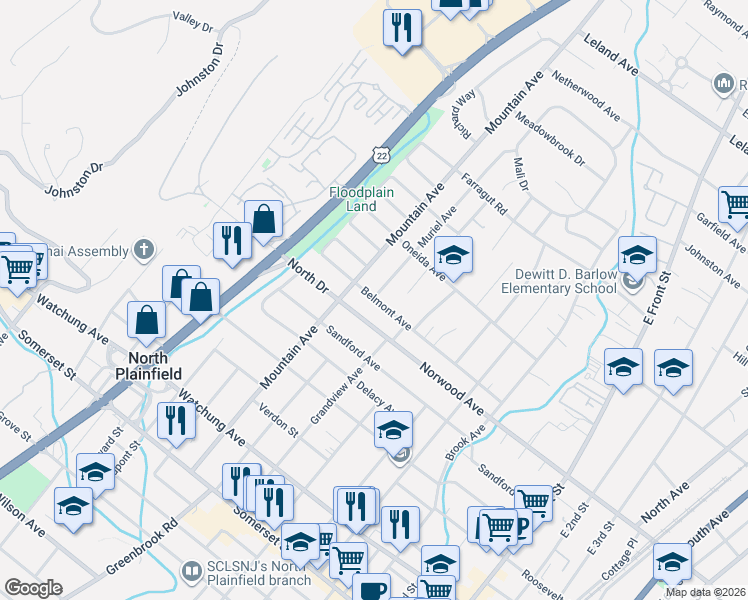 map of restaurants, bars, coffee shops, grocery stores, and more near 178 Muriel Avenue in North Plainfield