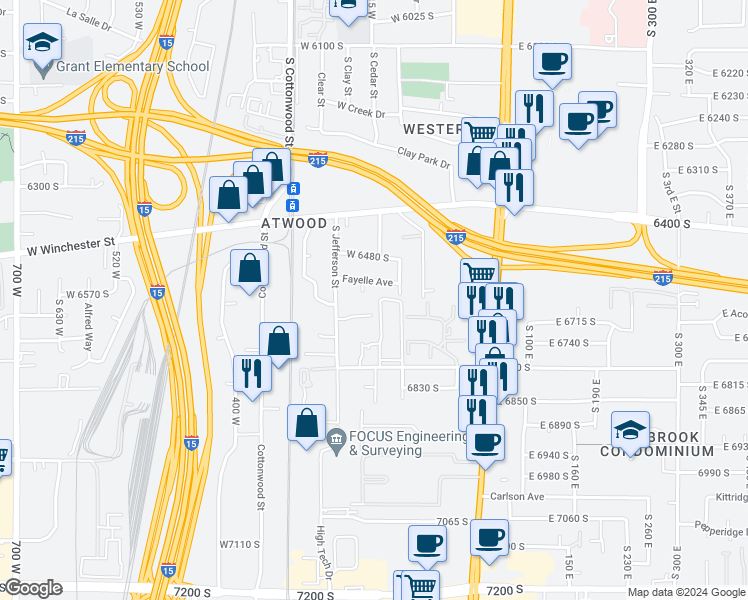 map of restaurants, bars, coffee shops, grocery stores, and more near 6557 South 130 West in Murray