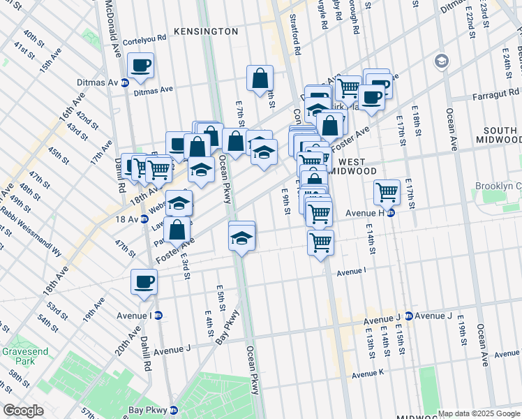 map of restaurants, bars, coffee shops, grocery stores, and more near 772 East 8th Street in Brooklyn