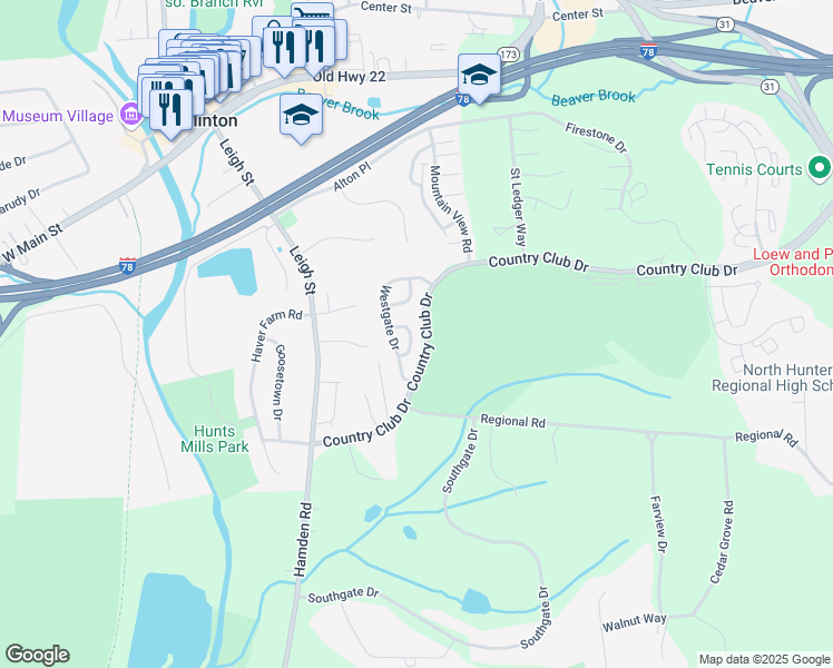 map of restaurants, bars, coffee shops, grocery stores, and more near 1 Pinehurst Circle in Clinton Township