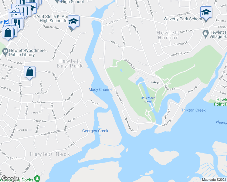 map of restaurants, bars, coffee shops, grocery stores, and more near 1100 Seawane Drive in Hewlett