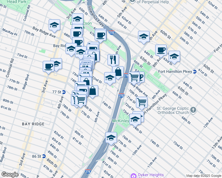 map of restaurants, bars, coffee shops, grocery stores, and more near 619 72nd Street in Brooklyn