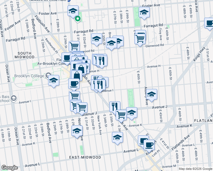 map of restaurants, bars, coffee shops, grocery stores, and more near 989 East 35th Street in Brooklyn