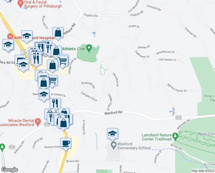 map of restaurants, bars, coffee shops, grocery stores, and more near 788 Village Club Drive in Wexford
