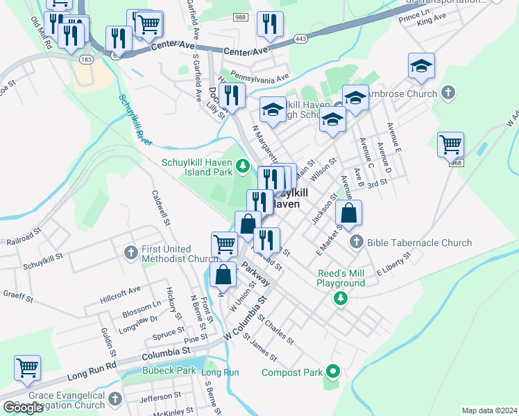 map of restaurants, bars, coffee shops, grocery stores, and more near 31 River Street in Schuylkill Haven