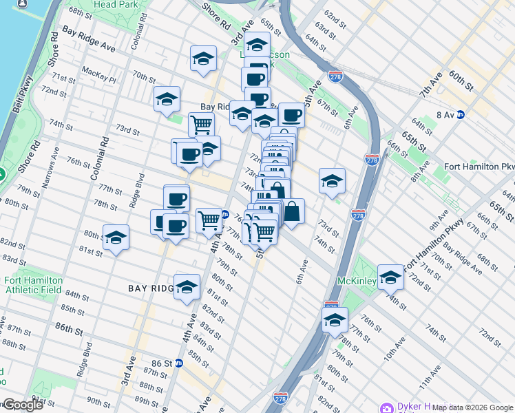 map of restaurants, bars, coffee shops, grocery stores, and more near 459 Bay Ridge Parkway in Brooklyn