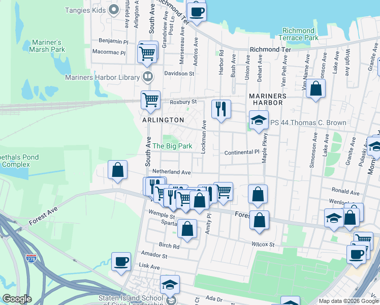 map of restaurants, bars, coffee shops, grocery stores, and more near 183 Continental Place in Staten Island