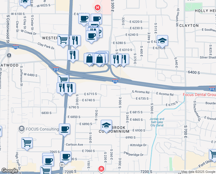 map of restaurants, bars, coffee shops, grocery stores, and more near 232 e Vantana Court in Midvale