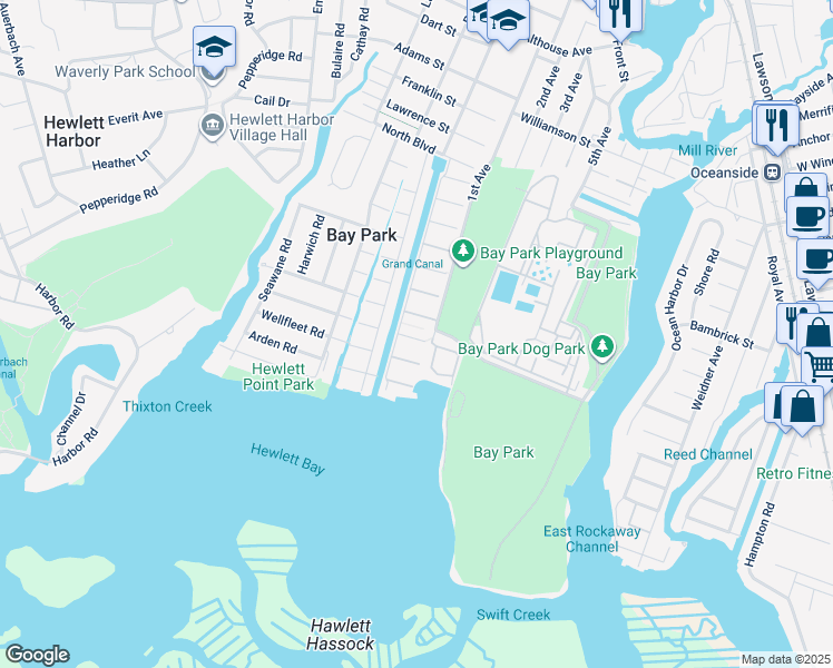 map of restaurants, bars, coffee shops, grocery stores, and more near 11 Kirgan Court in East Rockaway