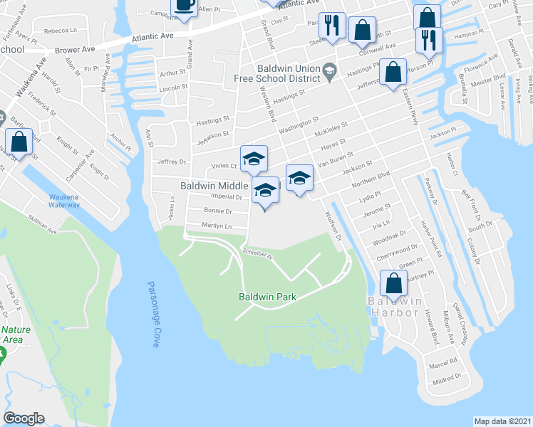 map of restaurants, bars, coffee shops, grocery stores, and more near 3211 Schreiber Place in Baldwin