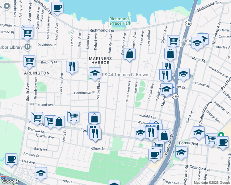 map of restaurants, bars, coffee shops, grocery stores, and more near 228 Van Name Avenue in Staten Island