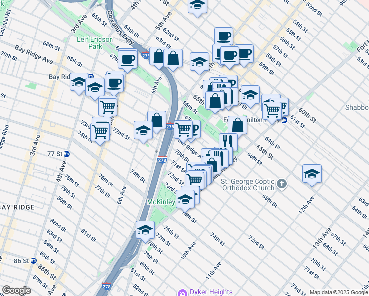 map of restaurants, bars, coffee shops, grocery stores, and more near 6908 8th Avenue in Brooklyn
