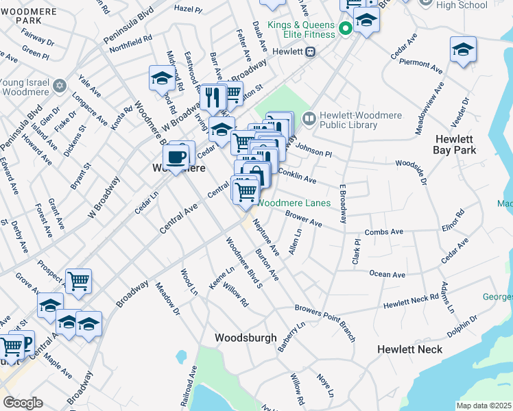 map of restaurants, bars, coffee shops, grocery stores, and more near 964 Broadway in Woodmere