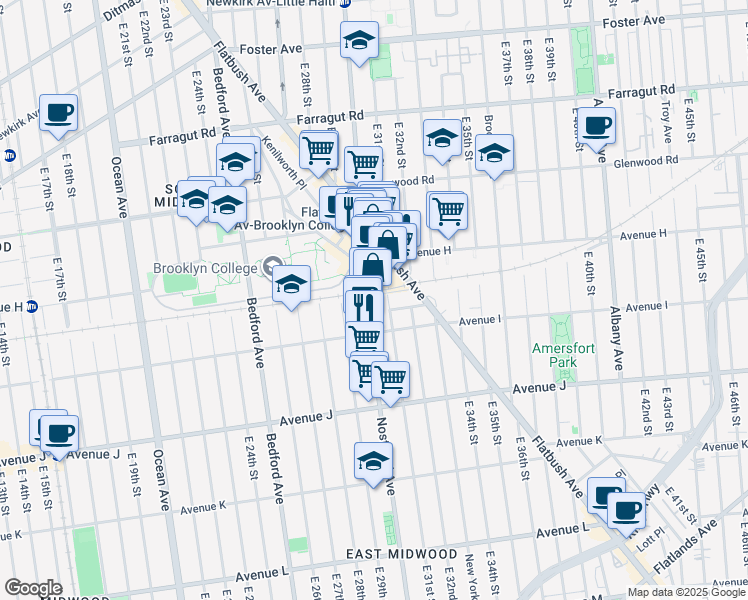 map of restaurants, bars, coffee shops, grocery stores, and more near 2233 Nostrand Avenue in Brooklyn