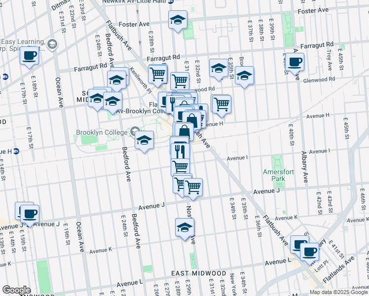 map of restaurants, bars, coffee shops, grocery stores, and more near 2233 Nostrand Avenue in Brooklyn