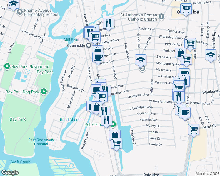 map of restaurants, bars, coffee shops, grocery stores, and more near 374 Vermont Avenue in Oceanside