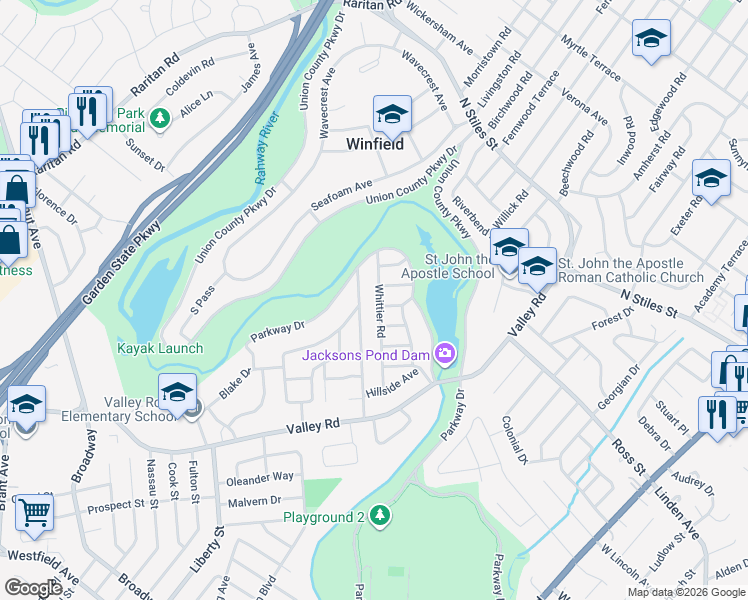 map of restaurants, bars, coffee shops, grocery stores, and more near 3 Maple Street in Clark