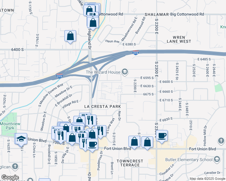 map of restaurants, bars, coffee shops, grocery stores, and more near 2102 E 6655 S in Salt Lake City