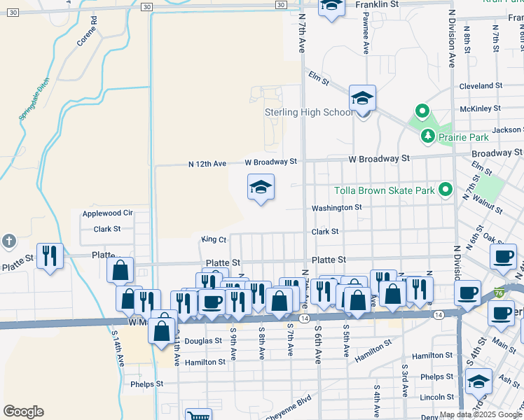map of restaurants, bars, coffee shops, grocery stores, and more near 902 Clark Street in Sterling
