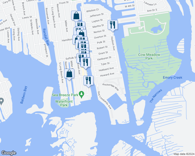 map of restaurants, bars, coffee shops, grocery stores, and more near 871 Guy Lombardo Avenue in Freeport