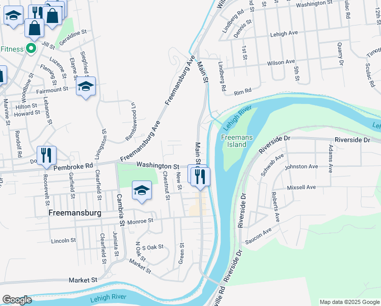 map of restaurants, bars, coffee shops, grocery stores, and more near 536 Main Street in Freemansburg
