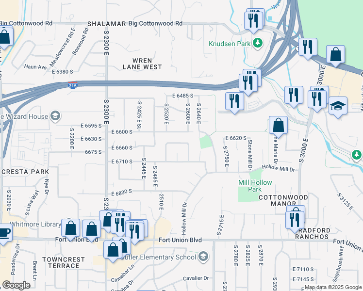 map of restaurants, bars, coffee shops, grocery stores, and more near 2603 East 6640 South in Cottonwood Heights