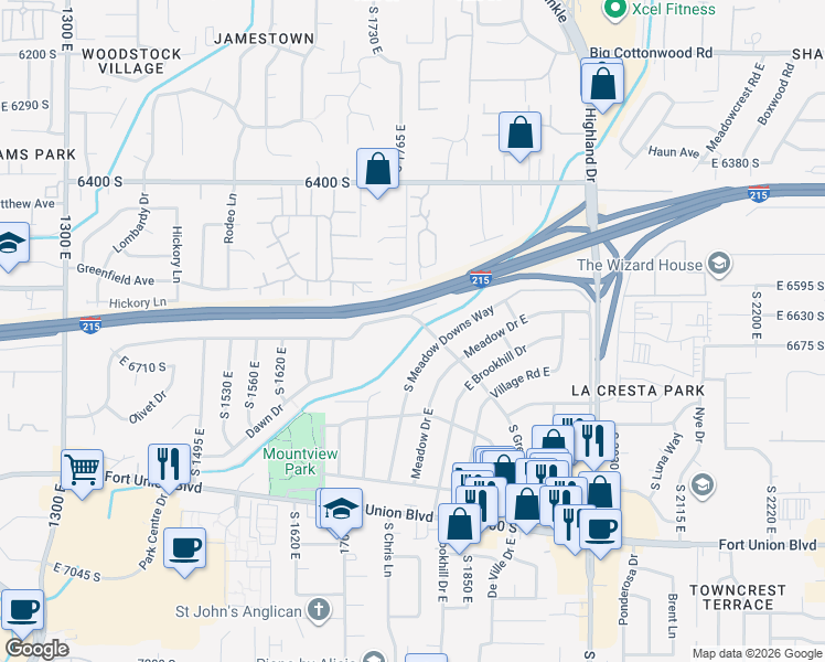 map of restaurants, bars, coffee shops, grocery stores, and more near 6642 South Greenfield Way in Cottonwood Heights