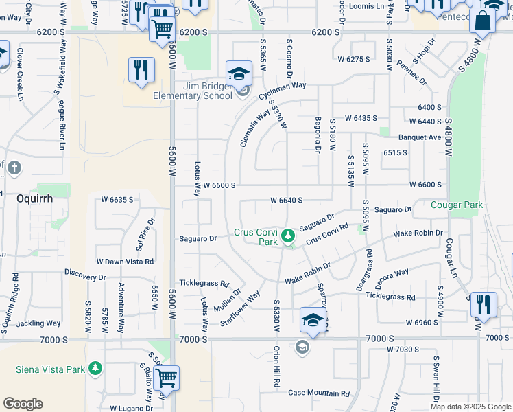 map of restaurants, bars, coffee shops, grocery stores, and more near 5413 West 6640 South in West Jordan