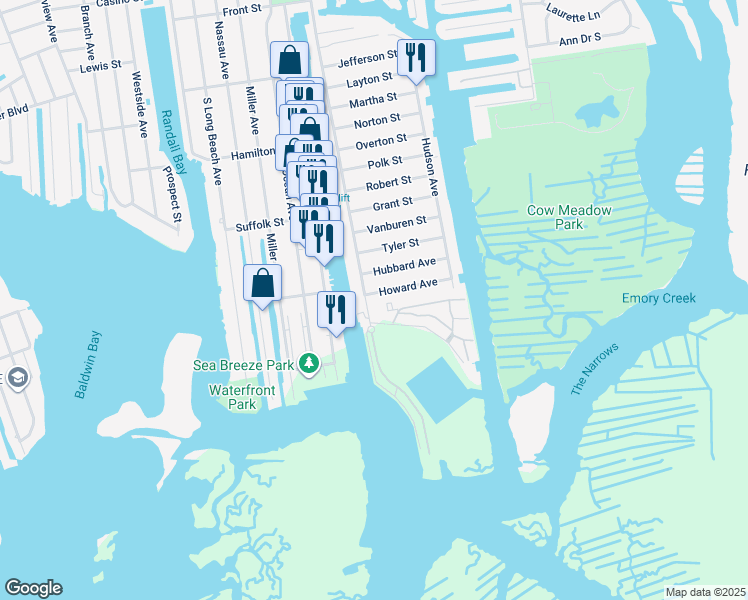 map of restaurants, bars, coffee shops, grocery stores, and more near 871 Guy Lombardo Avenue in Freeport