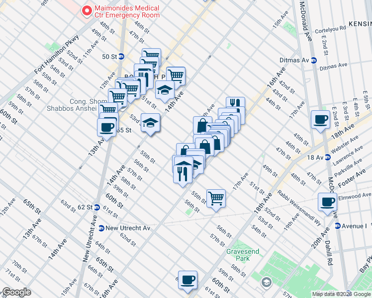map of restaurants, bars, coffee shops, grocery stores, and more near 1515 52nd Street in Brooklyn