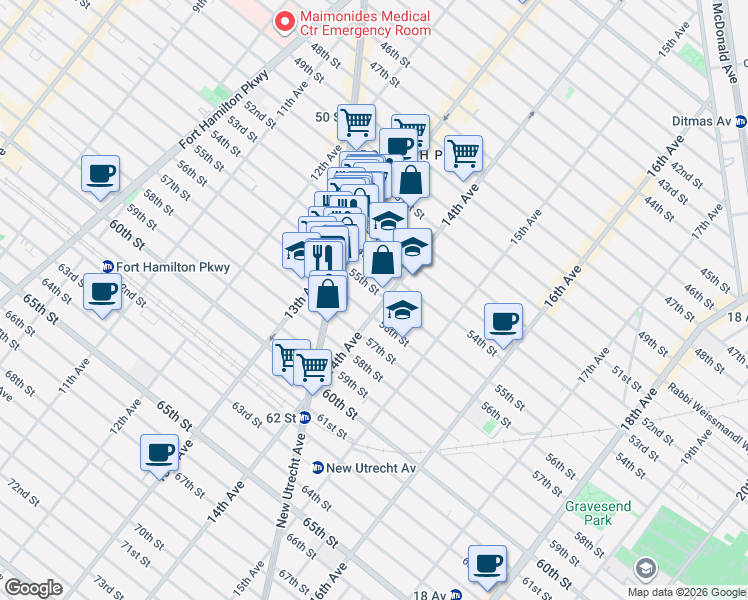 map of restaurants, bars, coffee shops, grocery stores, and more near 1373 55th Street in Brooklyn