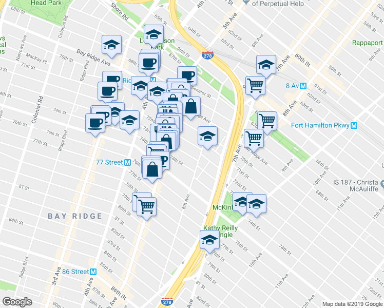 map of restaurants, bars, coffee shops, grocery stores, and more near 553 73rd Street in Brooklyn