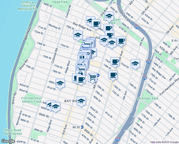 map of restaurants, bars, coffee shops, grocery stores, and more near 347 76th Street in Brooklyn
