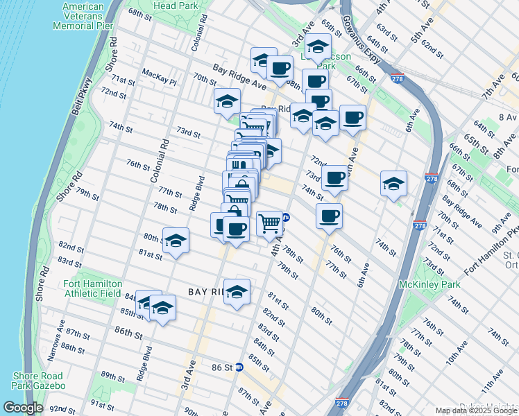 map of restaurants, bars, coffee shops, grocery stores, and more near 347 76th Street in Brooklyn