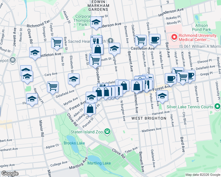 map of restaurants, bars, coffee shops, grocery stores, and more near 494 Delafield Avenue in Staten Island