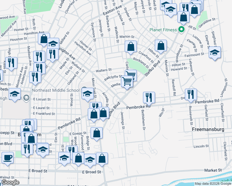 map of restaurants, bars, coffee shops, grocery stores, and more near 821 East Washington Avenue in Bethlehem