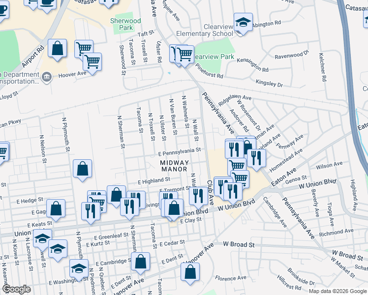 map of restaurants, bars, coffee shops, grocery stores, and more near 2219 East Pennsylvania Street in Allentown