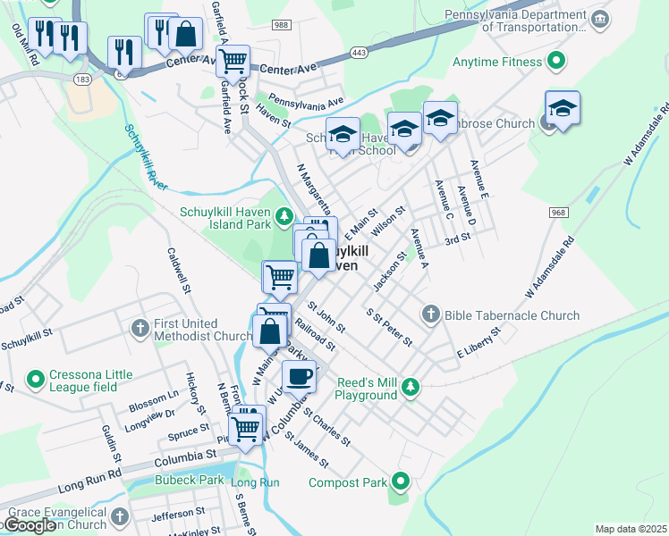 map of restaurants, bars, coffee shops, grocery stores, and more near in Schuylkill Haven
