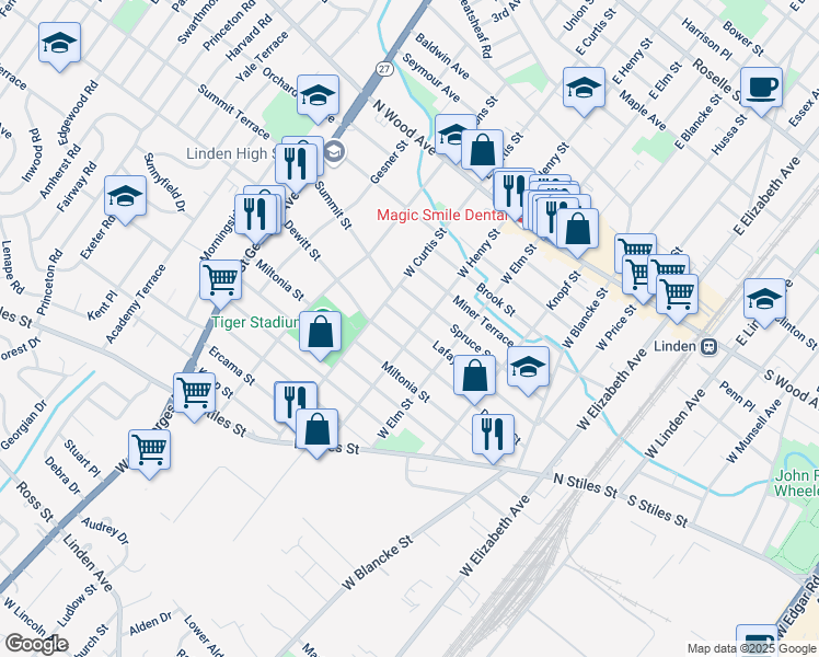 map of restaurants, bars, coffee shops, grocery stores, and more near 513 West Henry Street in Linden