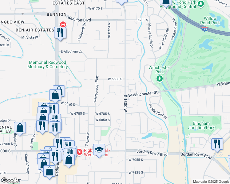 map of restaurants, bars, coffee shops, grocery stores, and more near 6663 South Plumrose Way in Taylorsville