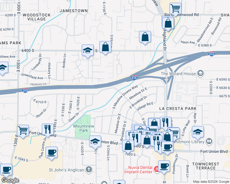 map of restaurants, bars, coffee shops, grocery stores, and more near 6642 South Greenfield Way in Cottonwood Heights